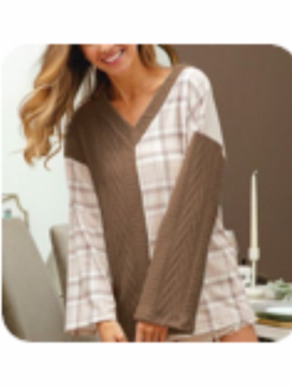 BiBi Brown and Cream Plaid Mixed-Knit V-Neck Sweater